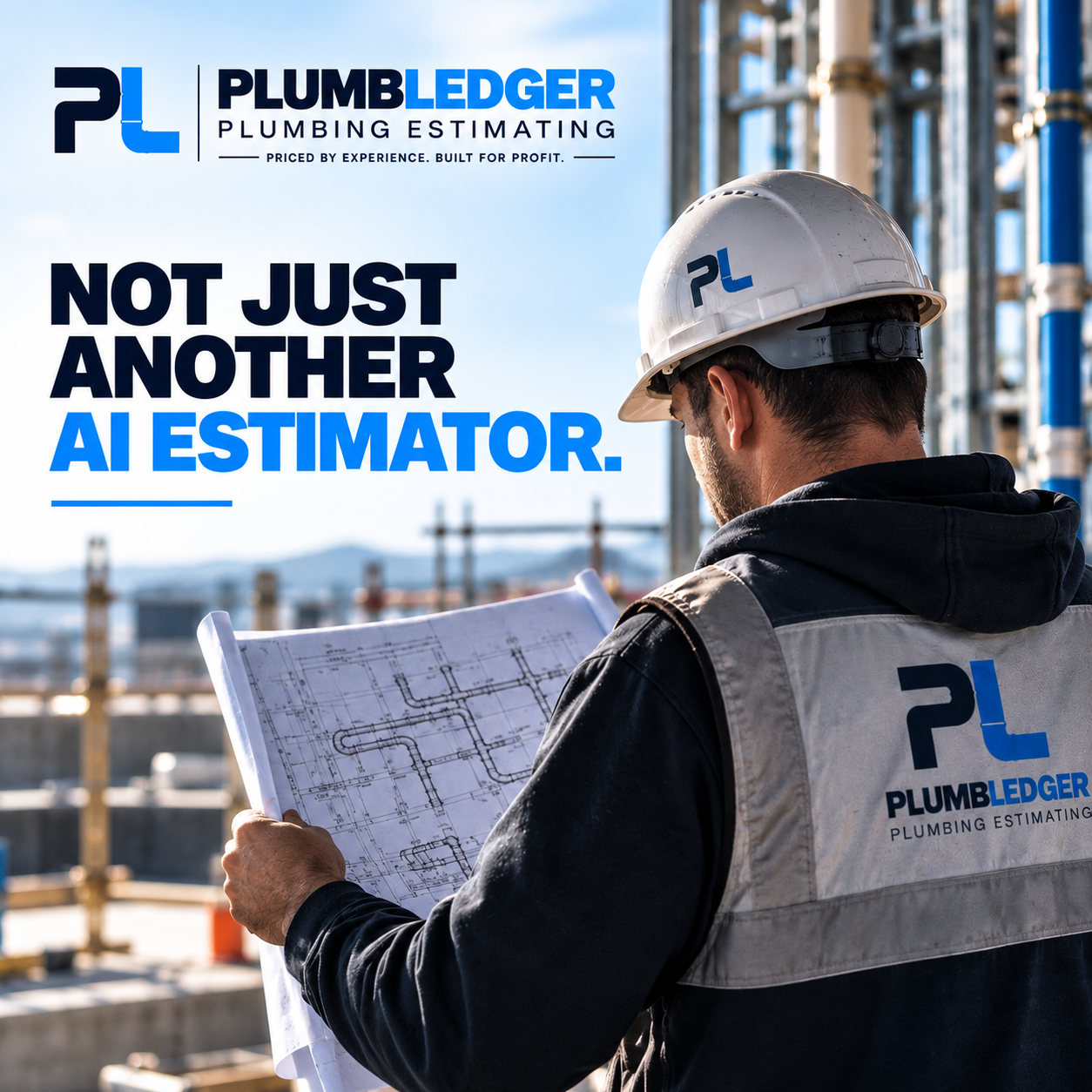 Not Just Another AI Estimator — PlumbLedger plumber reviewing hydraulic plans